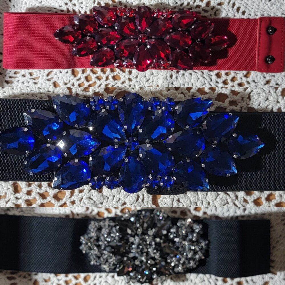 NEW set of 3 LUXURY Rhinestone stretch Belts in RED, BLUE & GUNMETAL.